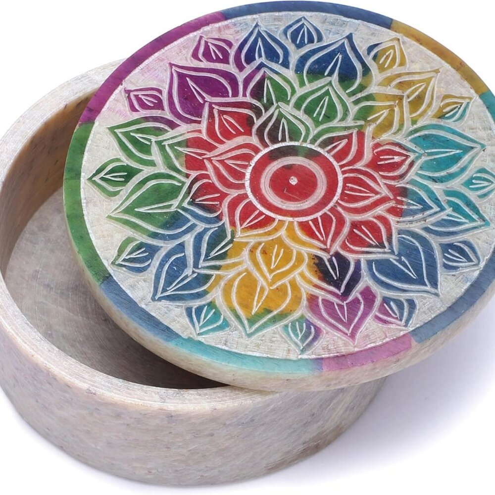 Soapstone Round Decorative Box Trinket Vanity Jewelry Box Handmade Marble